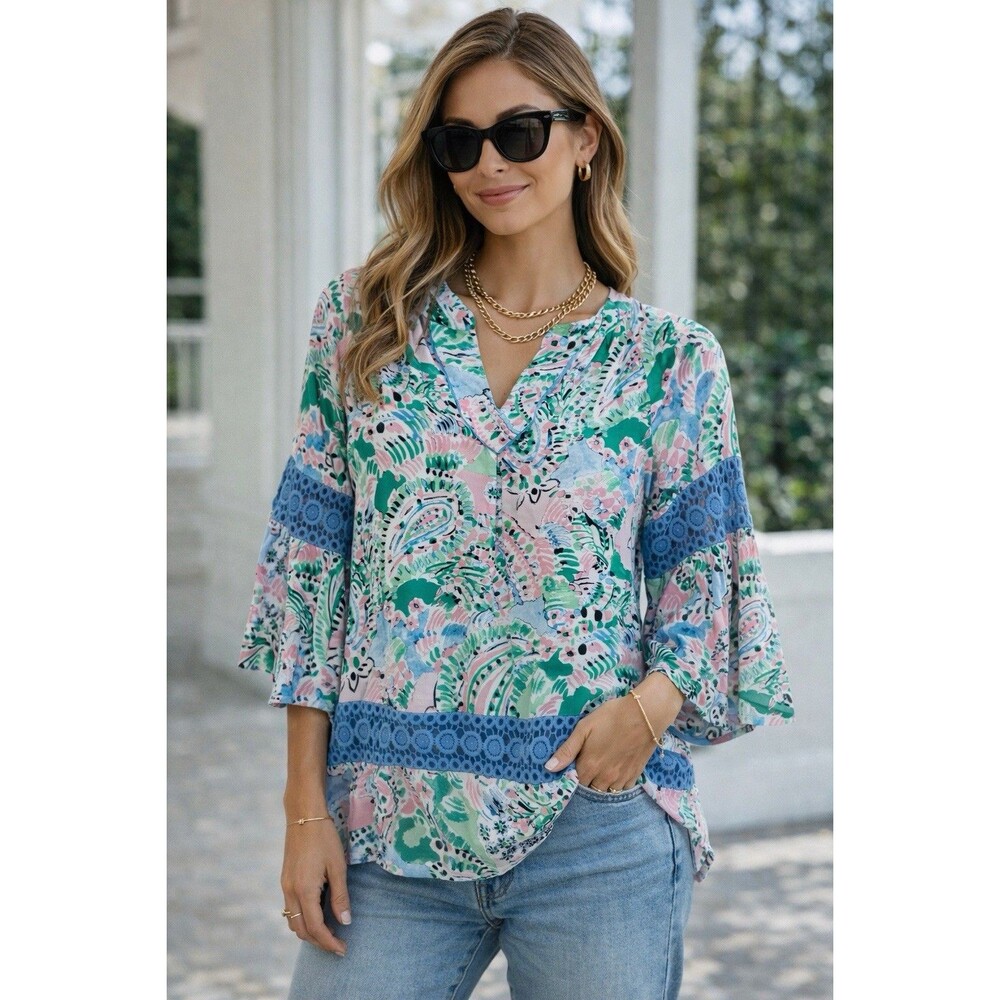 Crown & Ivy Womens Top Small Paisley Bell Sleeve Coastal Resort Palm Beach